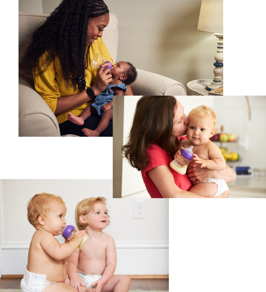 collage of different moms and babies trying the Momi bottle for the first time